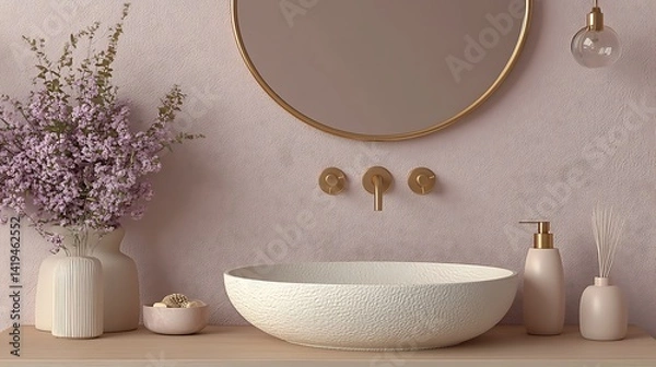 Fototapeta Side view of a brushed gold oval sink with hammered pattern, mounted against a curved velvet wall in soft teal, spotlighted by designer fixtures. Created Using: product design focus,