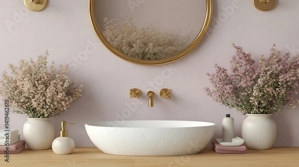 Fototapeta Side view of a brushed gold oval sink with hammered pattern, mounted against a curved velvet wall in soft teal, spotlighted by designer fixtures. Created Using: product design focus,