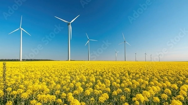 Fototapeta Wind farm and beautiful rapeseed flower in bloom with clear blue sky, wind turbines in blooming rapeseed field