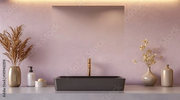 Fototapeta Sleek matte black ceramic sink with triangular cutouts and integrated smart faucet, glowing from subtle interface lights, surrounded by textured carbon fiber walls and illuminated by ambient strips.