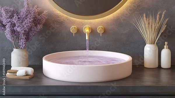 Fototapeta Top-down view of a glowing elevated glass basin with RGB lights shifting through rainbow hues, water swirling inside like a vortex, set on a dark countertop in a sleek bathroom.