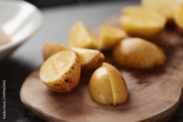 Obraz Raw washed and chopped baby potatoes ready to cook on olive wood board