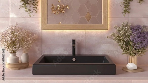 Fototapeta Top-down view of a matte black sink with hexagonal cutouts and an integrated motion-sensor smart tap, surrounded by soft glowing tiles and futuristic interior accents.