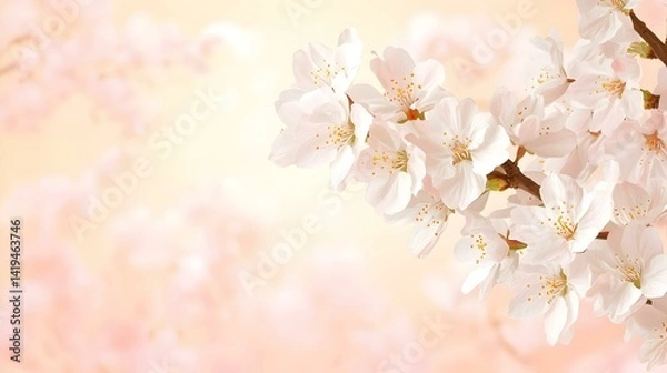 Fototapeta Delicate, pastel pink and white cherry blossoms on a branch against a soft, blurred background. Perfect for spring themes, cards, and websites.