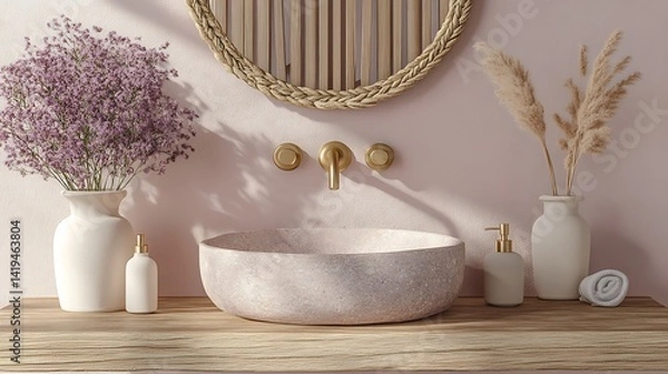 Fototapeta Top-down view of an asymmetrical stone basin with earthy color striations, sitting on a reclaimed wood shelf, with brushed brass fixtures and sunlight peeking through nearby slats.