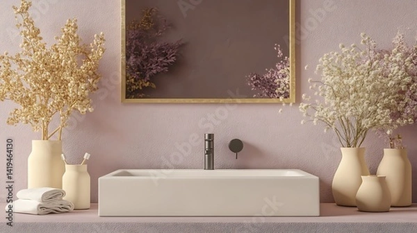 Fototapeta Ultra-modern bathroom featuring a black ceramic sink with abstract geometric cutouts, smart faucet with holographic display, and smooth concrete walls with ambient ceiling light.