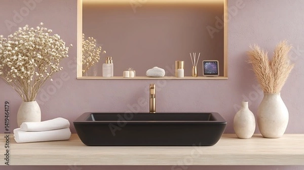 Fototapeta Ultra-modern bathroom featuring a black ceramic sink with abstract geometric cutouts, smart faucet with holographic display, and smooth concrete walls with ambient ceiling light.
