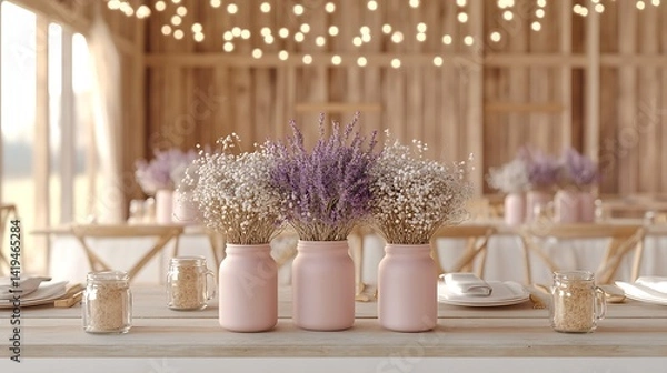 Fototapeta A country-style barn wedding scene with string lights across the ceiling, rustic wood furniture, mason jar centerpieces with lavender and baby's breath, and a sunset glow filling the room.