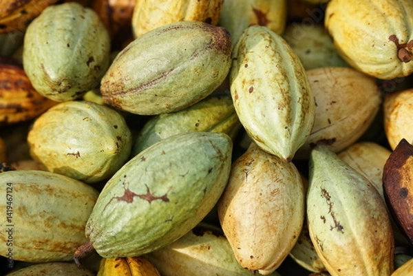 Fototapeta Fresh cacao pods in shades of green and yellow with brown spots, harvested as the key ingredient for making chocolate.