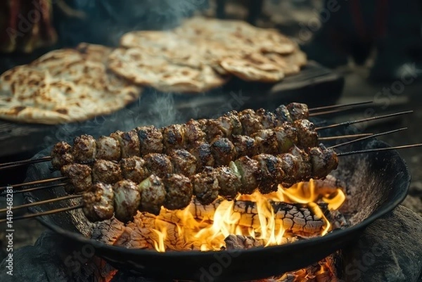 Obraz Kebabs roasting over an open campfire