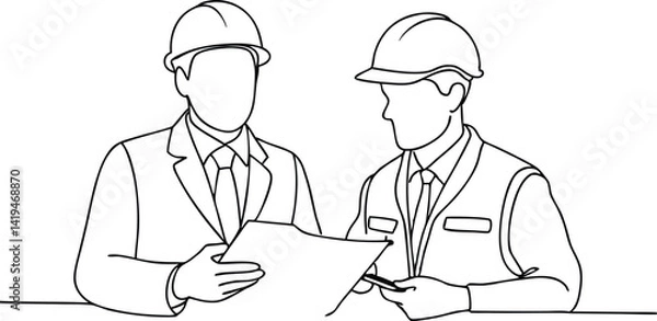 Fototapeta Line Art Two Engineers in Hard Hats Reviewing Blueprint, Architect, Builder, White