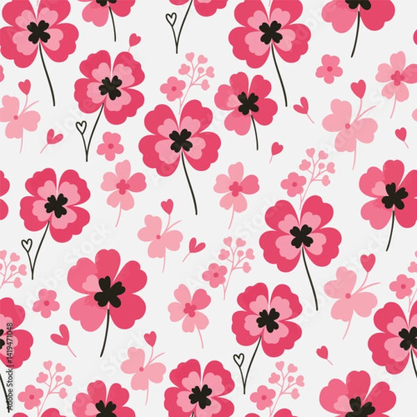 Fototapeta A sweet, seamless pattern with pink flowers and scattered hearts on a light background is perfect for adding a cute, romantic, or charming touch to your design projects.