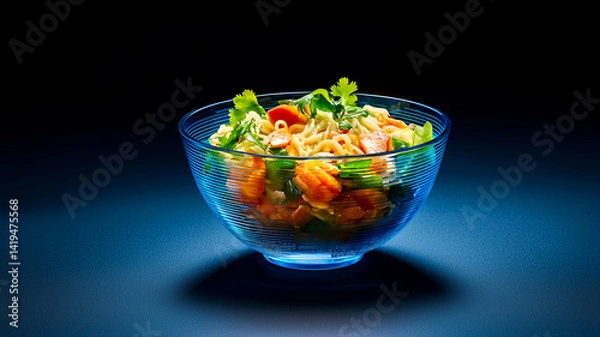 Fototapeta vibrant bowl of noodles with vegetables and herbs, showcasing colorful and appetizing dish