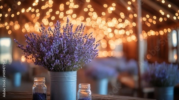 Fototapeta A country-style barn wedding scene with string lights across the ceiling, rustic wood furniture, mason jar centerpieces with lavender and baby's breath, and a sunset glow filling the room.