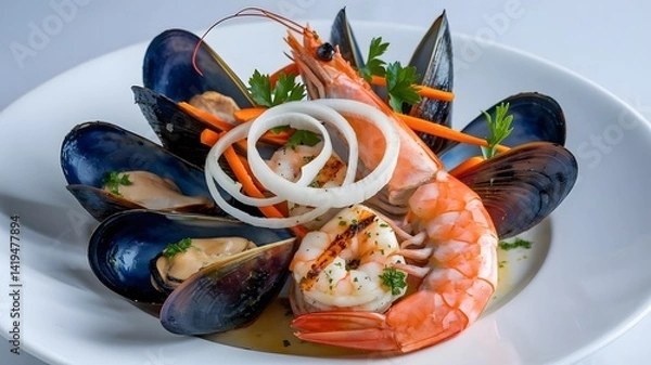 Fototapeta Seafood platter with mussels and prawns as closeup on a white plate 