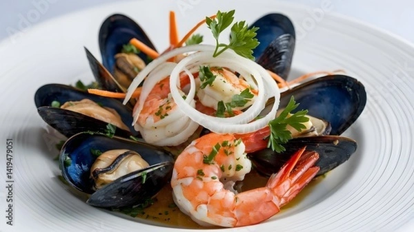 Fototapeta Seafood platter with mussels and prawns as closeup on a white plate