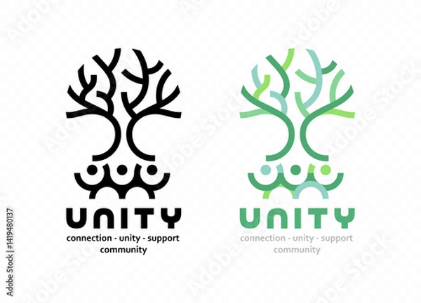 Fototapeta Abstract tree with roots formed by linked human figures, symbolizing unity, community, and nature vector logo design