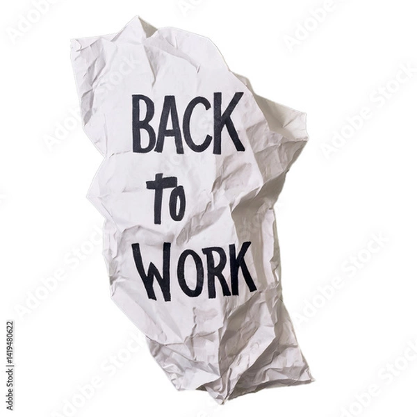 Fototapeta Crumpled White Paper with BACK TO WORK Text on Transparent Background