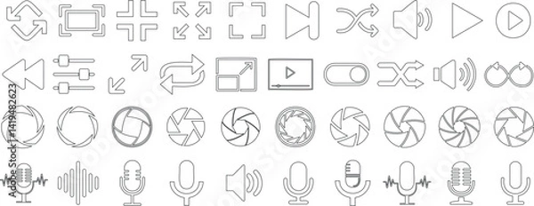 Fototapeta Explore a minimalist icon set featuring camera, microphone, and media player symbols. Perfect for UI design, these vector icons enhance digital interfaces with clean, modern aesthetics
