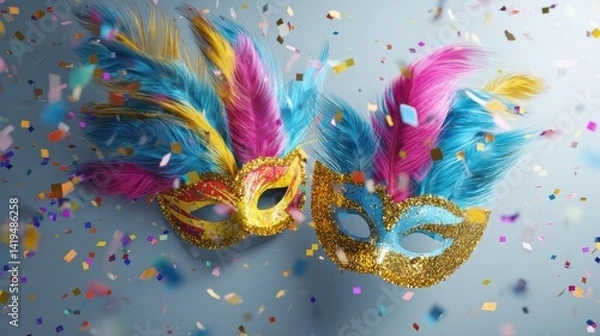 Fototapeta Two colorful masquerade masks with feathers floating among colorful confetti. The vibrant colors, playful design, and whimsical setting evoke a sense of fun and celebration.