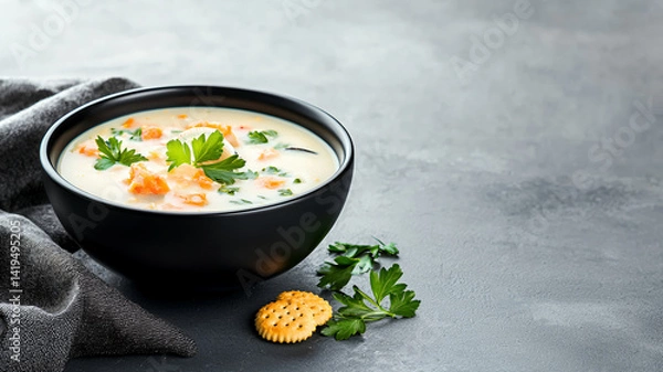 Obraz Creamy soup with vegetables and herbs in black bowl, garnished with parsley, served with crackers on textured surface