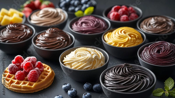 Obraz Photo of a variety of ice cream flavors in small bowls on a dark background, with chocolate and vanilla swirls. There are also fruit purees and fresh berries as accents.