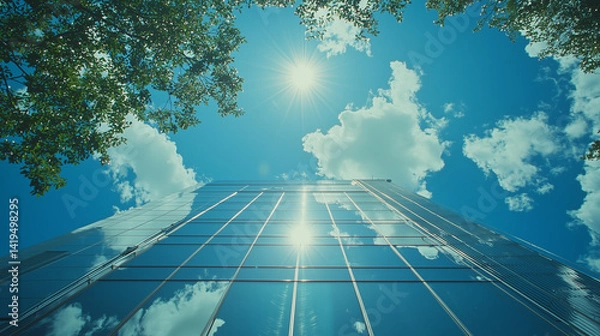 Obraz Sunny day in the city, low-angle view of modern office buildings with a blue sky and sun reflection on glass windows, wide shot