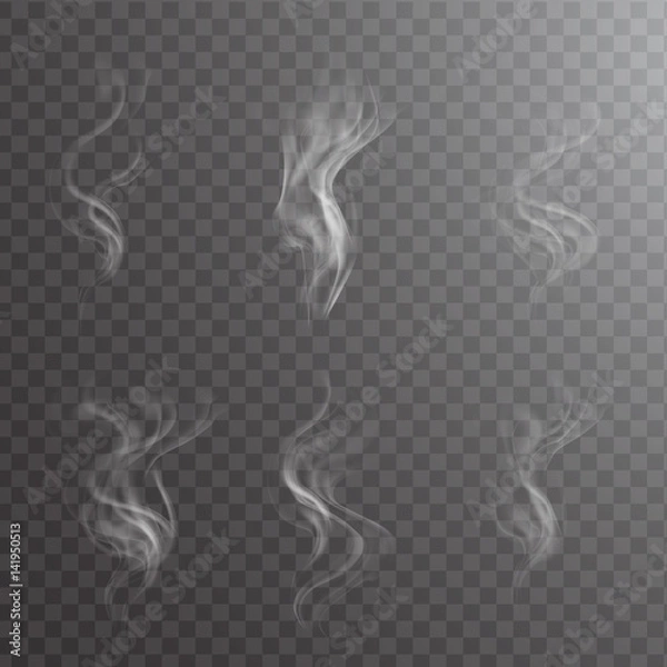 Fototapeta White cigarette smoke waves on transparent. Transparent white steam over cup on dark background background vector illustration.