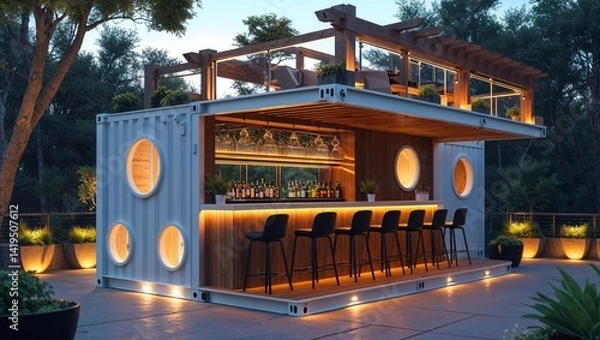 Obraz a modern, stylish outdoor bar constructed from a repurposed shipping container. The container is painted white with large, circular windows on the sides, adding a unique architectural element