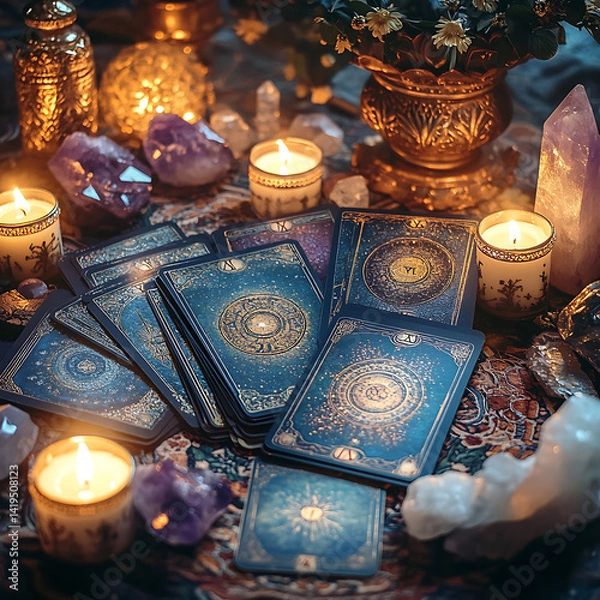 Fototapeta Mystical tarot card reading setup with burning candles crystal ball and esoteric atmosphere on spiritual altar table

