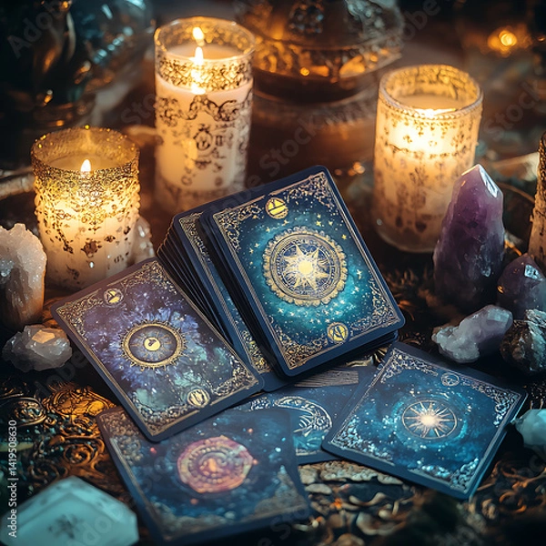 Fototapeta Mystical tarot card reading setup with burning candles crystal ball and esoteric atmosphere on spiritual altar table
