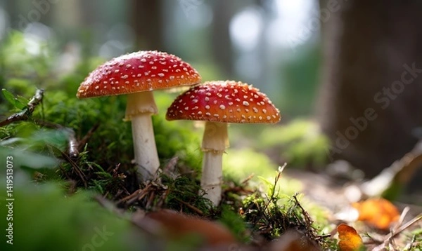 Fototapeta A poisonous mushroom with a red cap and white spots that grows close to the spring forest. Generative AI