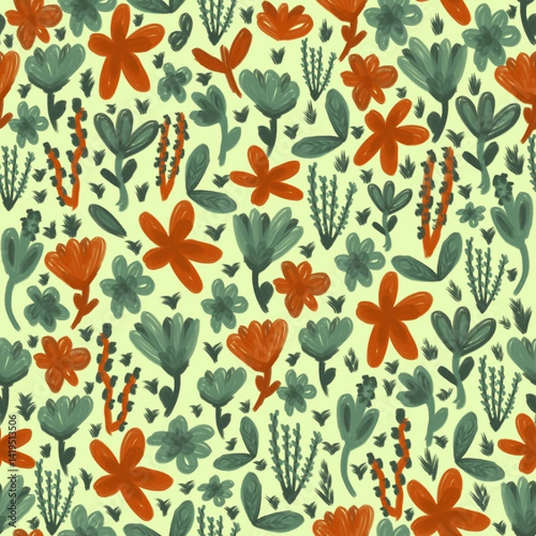 Obraz Seamless Hand Drawn Flowers and Leaves Pattern with Warm Earthy Colors