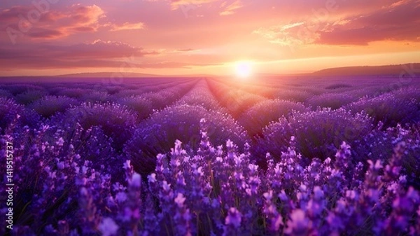 Fototapeta A breathtaking view of a lavender field stretching into the distance under a golden sunset sky, peaceful and fragrant, soft purple tones, high-definition,