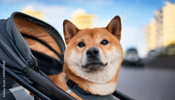Fototapeta Shiba Inu dog, dog comfortably sitting in a pet stroller, dog in stroller, pet stroller, dog enjoying ride, puppy in a pram strolling, dog, sitting in a beautiful baby stroller basket