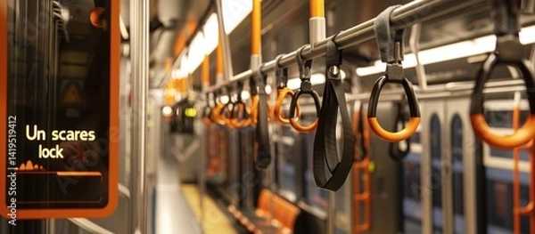 Fototapeta Interior view of a modern subway car with hanging safety handles and sign