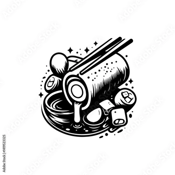 Fototapeta Drawing of stacked spring rolls on round plate in line art style, traditional lumpia food concept