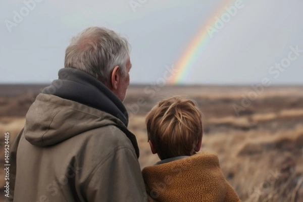 Obraz Grandfather and grandson sharing joyful moments while admiring a vibrant rainbow in the serene countryside, creating lasting memories together
