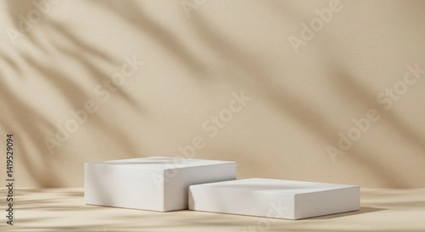 Fototapeta Two white cube podiums on a beige surface with shadow of leaves.