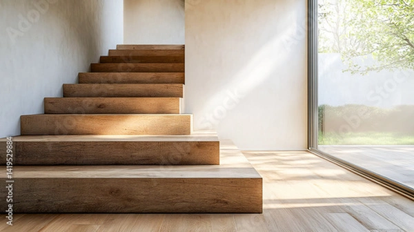 Obraz Residential stairs featuring hardwood steps, showcasing a clean, elegant design. Classic interior detail, emphasizing the warmth and texture of the wood
