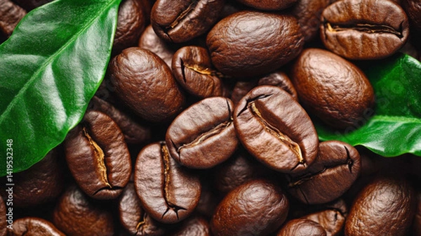 Fototapeta A close up of coffee beans with a leaf on top