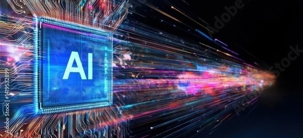 Fototapeta A dynamic illustration of an AI chip with the letters "AI" on its surface, surrounded by swirling data streams and vibrant colors representing advanced technology. 