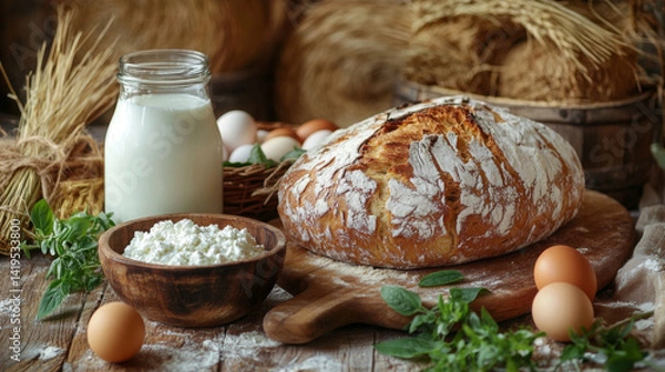 Fototapeta A loaf of bread sits on a wooden cutting board next to a jar of milk