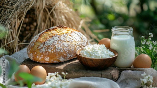 Fototapeta A loaf of bread, a bowl of cheese, and a glass of milk are on a wooden table