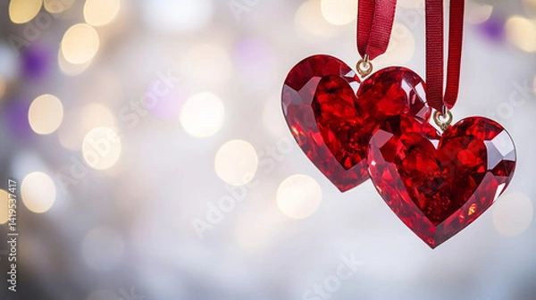 Fototapeta Two red hearts hanging from a ribbon