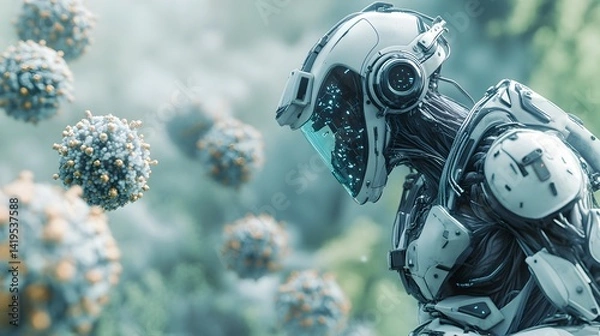 Fototapeta A futuristic cyborg robot in hazmat suit studies microscopic virus cells in a digital environment.
