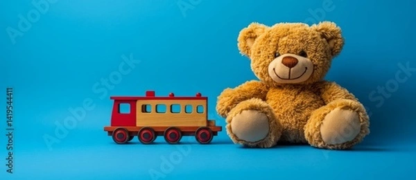 Obraz A copy space image features a baby's kids toys frame with a charming teddy bear, a wooden toy train, a car, and vibrant cubes against a blue and yellow background