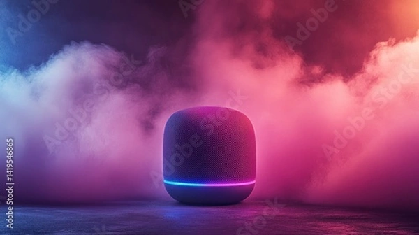 Fototapeta Modern smart speaker in vibrant neon lighting