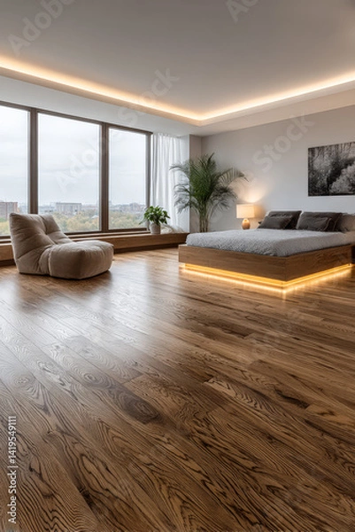 Fototapeta Modern bedroom interior with wooden floors and large windows showcasing a city view