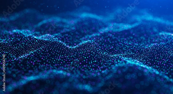 Fototapeta An abstract depiction of a digital landscape with blue and purple glowing particles in a wave pattern